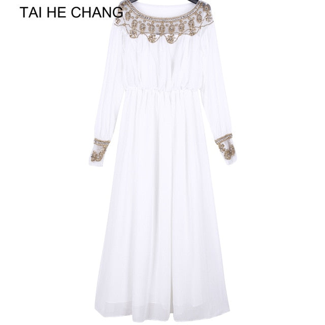 2018 women new fashion elegant vestidos formal korean runway white party long maxi spring summer dress long sleeve autumn